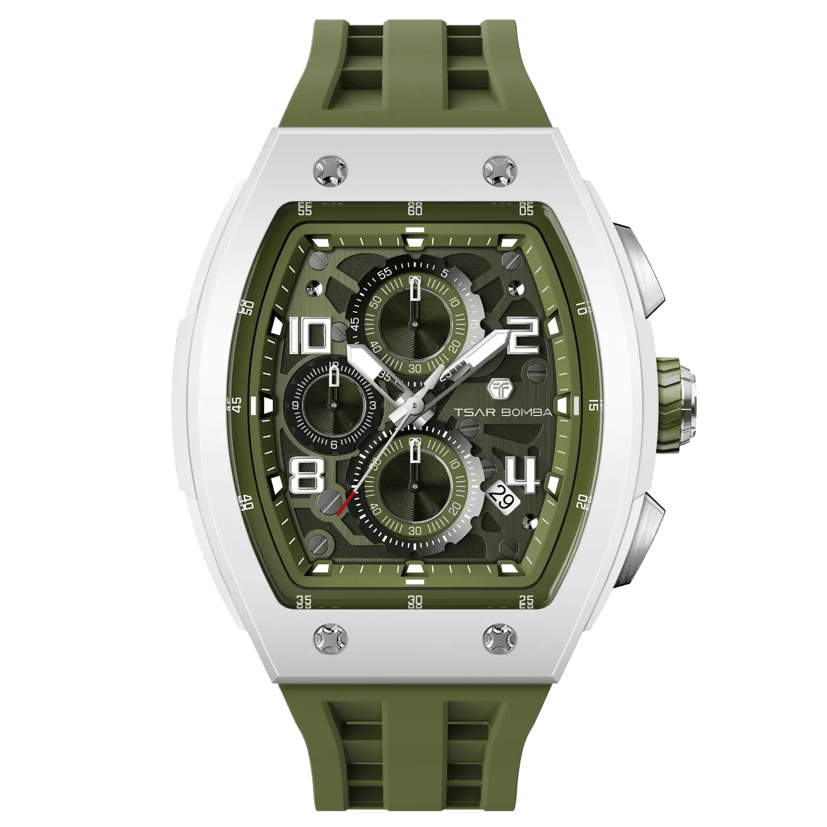 The TSAR BOMBA Elemental TB8224B ceramic tonneau quartz watch. Bio-cecramic white bezel and Olive Green strap.  The Multifunction dial design, the multifunction dial features a chronograph minute sub-dial at the 12 o'clock position, a date display between the 4 and 5 o'clock positions, a seconds sub-dial at the 6 o'clock position, and an hour chronograph sub-dial at the 9 o'clock position. --Front-view