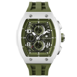 The TSAR BOMBA Elemental TB8224B ceramic tonneau quartz watch. Bio-cecramic white bezel and Olive Green strap.  The Multifunction dial design, the multifunction dial features a chronograph minute sub-dial at the 12 o'clock position, a date display between the 4 and 5 o'clock positions, a seconds sub-dial at the 6 o'clock position, and an hour chronograph sub-dial at the 9 o'clock position. --Front-view