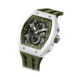 The TSAR BOMBA Elemental TB8224B ceramic tonneau quartz watch. Bio-cecramic white bezel and Olive Green strap.  The Multifunction dial design, the multifunction dial features a chronograph minute sub-dial at the 12 o'clock position, a date display between the 4 and 5 o'clock positions, a seconds sub-dial at the 6 o'clock position, and an hour chronograph sub-dial at the 9 o'clock position. --Left three-quarter-angled-view
