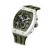 The TSAR BOMBA Elemental TB8224B ceramic tonneau quartz watch. Bio-cecramic white bezel and Olive Green strap.  The Multifunction dial design, the multifunction dial features a chronograph minute sub-dial at the 12 o'clock position, a date display between the 4 and 5 o'clock positions, a seconds sub-dial at the 6 o'clock position, and an hour chronograph sub-dial at the 9 o'clock position. --Left three-quarter-angled-view

