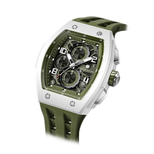 The TSAR BOMBA Elemental TB8224B ceramic tonneau quartz watch. Bio-cecramic white bezel and Olive Green strap.  The Multifunction dial design, the multifunction dial features a chronograph minute sub-dial at the 12 o'clock position, a date display between the 4 and 5 o'clock positions, a seconds sub-dial at the 6 o'clock position, and an hour chronograph sub-dial at the 9 o'clock position. --Left three-quarter-angled-view
