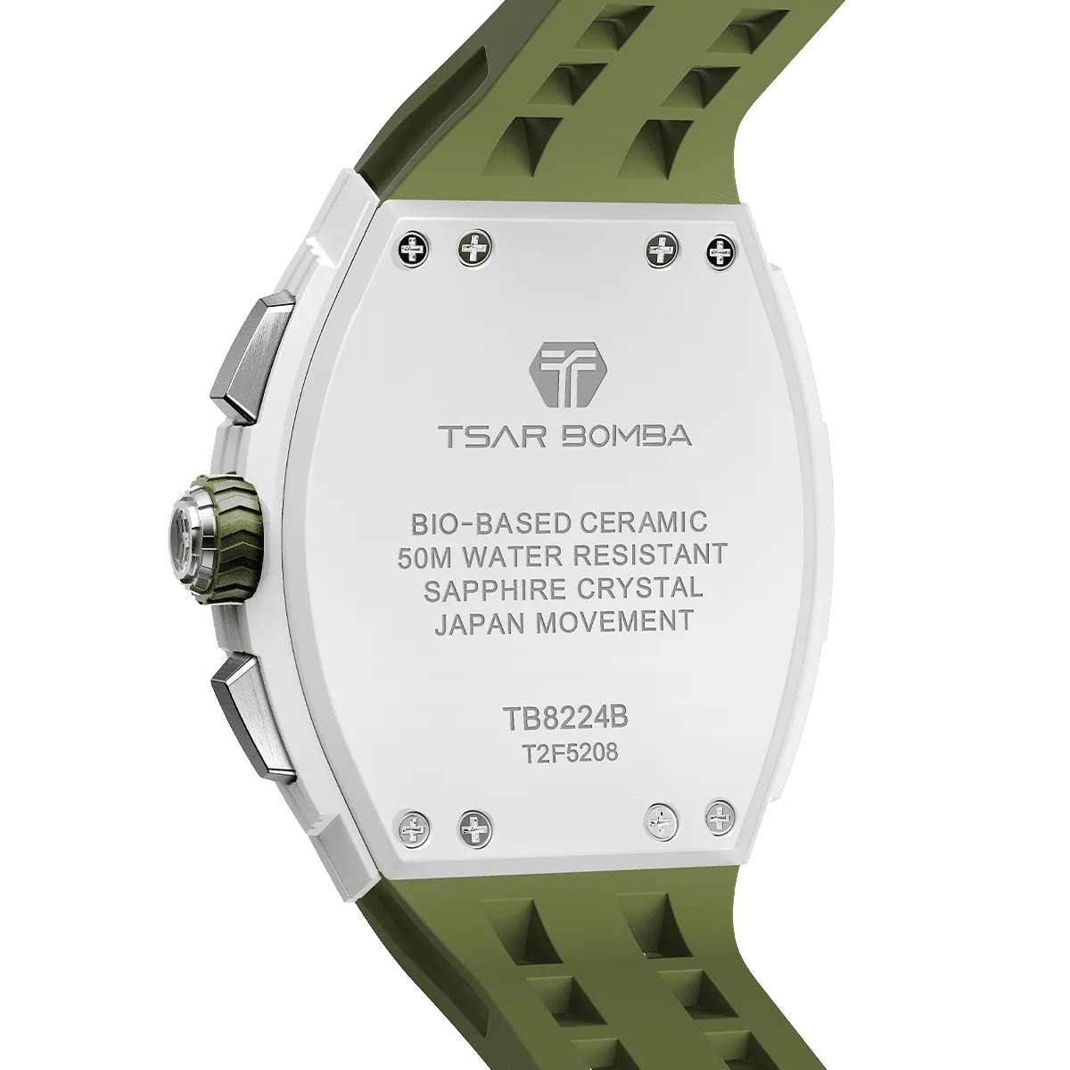 The TSAR BOMBA Elemental TB8224B ceramic tonneau quartz watch. Bio-cecramic white bezel and Olive Green strap.  The Multifunction dial design, the multifunction dial features a chronograph minute sub-dial at the 12 o'clock position, a date display between the 4 and 5 o'clock positions, a seconds sub-dial at the 6 o'clock position, and an hour chronograph sub-dial at the 9 o'clock position. --Rear-view