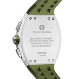 The TSAR BOMBA Elemental TB8224B ceramic tonneau quartz watch. Bio-cecramic white bezel and Olive Green strap.  The Multifunction dial design, the multifunction dial features a chronograph minute sub-dial at the 12 o'clock position, a date display between the 4 and 5 o'clock positions, a seconds sub-dial at the 6 o'clock position, and an hour chronograph sub-dial at the 9 o'clock position. --Rear-view