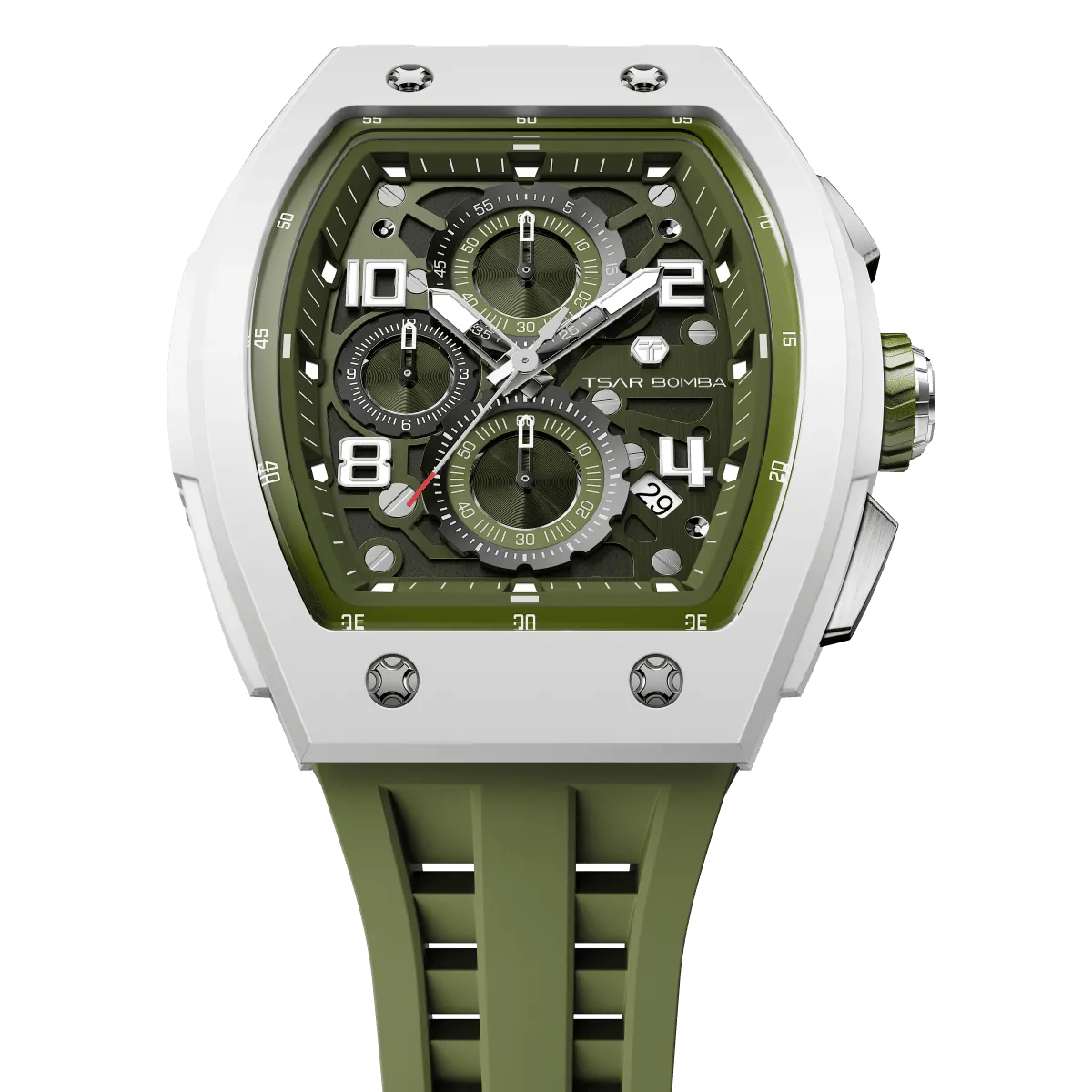 The TSAR BOMBA Elemental TB8224B ceramic tonneau quartz watch. Bio-cecramic white bezel and Olive Green strap.  The Multifunction dial design, the multifunction dial features a chronograph minute sub-dial at the 12 o'clock position, a date display between the 4 and 5 o'clock positions, a seconds sub-dial at the 6 o'clock position, and an hour chronograph sub-dial at the 9 o'clock position. --Top-down-view