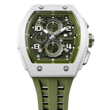 The TSAR BOMBA Elemental TB8224B ceramic tonneau quartz watch. Bio-cecramic white bezel and Olive Green strap.  The Multifunction dial design, the multifunction dial features a chronograph minute sub-dial at the 12 o'clock position, a date display between the 4 and 5 o'clock positions, a seconds sub-dial at the 6 o'clock position, and an hour chronograph sub-dial at the 9 o'clock position. --Top-down-view