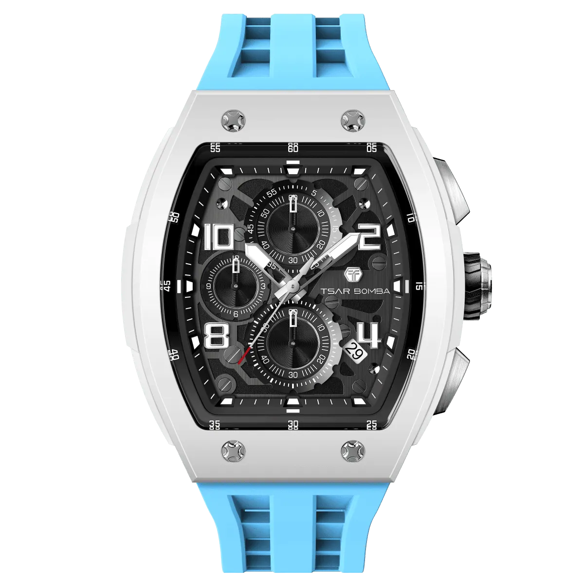 The TSAR BOMBA Elemental TB8224B ceramic tonneau quartz watch. Bio-cecramic white bezel and sky blue strap.  The Multifunction dial design, the multifunction dial features a chronograph minute sub-dial at the 12 o'clock position, a date display between the 4 and 5 o'clock positions, a seconds sub-dial at the 6 o'clock position, and an hour chronograph sub-dial at the 9 o'clock position. --Front-view