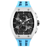 The TSAR BOMBA Elemental TB8224B ceramic tonneau quartz watch. Bio-cecramic white bezel and sky blue strap.  The Multifunction dial design, the multifunction dial features a chronograph minute sub-dial at the 12 o'clock position, a date display between the 4 and 5 o'clock positions, a seconds sub-dial at the 6 o'clock position, and an hour chronograph sub-dial at the 9 o'clock position. --Front-view