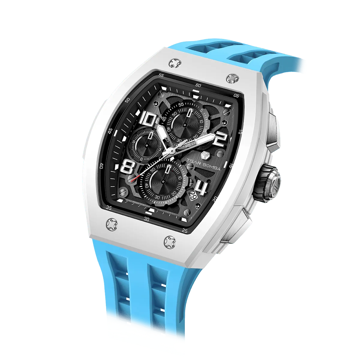 The TSAR BOMBA Elemental TB8224B ceramic tonneau quartz watch. Bio-cecramic white bezel and sky blue strap.  The Multifunction dial design, the multifunction dial features a chronograph minute sub-dial at the 12 o'clock position, a date display between the 4 and 5 o'clock positions, a seconds sub-dial at the 6 o'clock position, and an hour chronograph sub-dial at the 9 o'clock position. --Left three-quarter-angled-view

