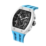 The TSAR BOMBA Elemental TB8224B ceramic tonneau quartz watch. Bio-cecramic white bezel and sky blue strap.  The Multifunction dial design, the multifunction dial features a chronograph minute sub-dial at the 12 o'clock position, a date display between the 4 and 5 o'clock positions, a seconds sub-dial at the 6 o'clock position, and an hour chronograph sub-dial at the 9 o'clock position. --Left three-quarter-angled-view
