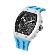 The TSAR BOMBA Elemental TB8224B ceramic tonneau quartz watch. Bio-cecramic white bezel and sky blue strap.  The Multifunction dial design, the multifunction dial features a chronograph minute sub-dial at the 12 o'clock position, a date display between the 4 and 5 o'clock positions, a seconds sub-dial at the 6 o'clock position, and an hour chronograph sub-dial at the 9 o'clock position. --Left three-quarter-angled-view
