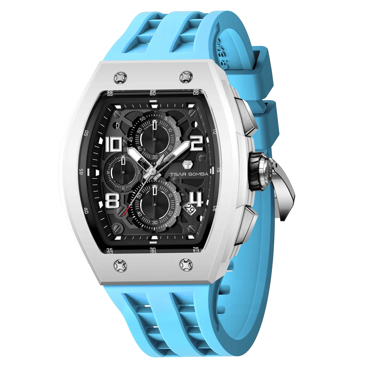 The TSAR BOMBA Elemental TB8224B ceramic tonneau quartz watch. Bio-cecramic white bezel and sky blue strap.  The Multifunction dial design, the multifunction dial features a chronograph minute sub-dial at the 12 o'clock position, a date display between the 4 and 5 o'clock positions, a seconds sub-dial at the 6 o'clock position, and an hour chronograph sub-dial at the 9 o'clock position. --Left three-quarter-view