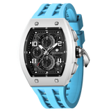 The TSAR BOMBA Elemental TB8224B ceramic tonneau quartz watch. Bio-cecramic white bezel and sky blue strap.  The Multifunction dial design, the multifunction dial features a chronograph minute sub-dial at the 12 o'clock position, a date display between the 4 and 5 o'clock positions, a seconds sub-dial at the 6 o'clock position, and an hour chronograph sub-dial at the 9 o'clock position. --Left three-quarter-view