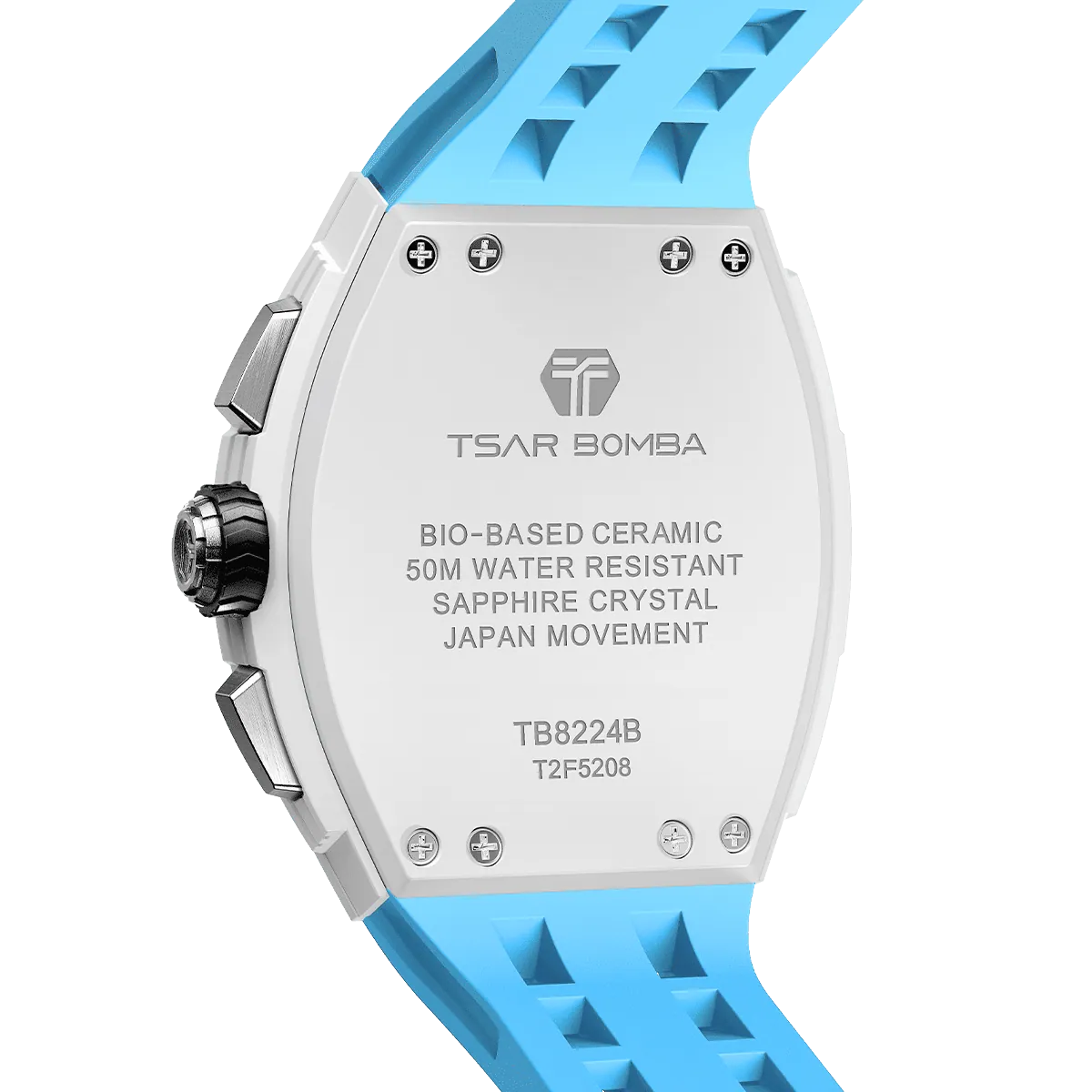 The TSAR BOMBA Elemental TB8224B ceramic tonneau quartz watch. Bio-cecramic white bezel and sky blue strap.  The Multifunction dial design, the multifunction dial features a chronograph minute sub-dial at the 12 o'clock position, a date display between the 4 and 5 o'clock positions, a seconds sub-dial at the 6 o'clock position, and an hour chronograph sub-dial at the 9 o'clock position. --Rear-view
