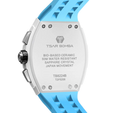 The TSAR BOMBA Elemental TB8224B ceramic tonneau quartz watch. Bio-cecramic white bezel and sky blue strap.  The Multifunction dial design, the multifunction dial features a chronograph minute sub-dial at the 12 o'clock position, a date display between the 4 and 5 o'clock positions, a seconds sub-dial at the 6 o'clock position, and an hour chronograph sub-dial at the 9 o'clock position. --Rear-view
