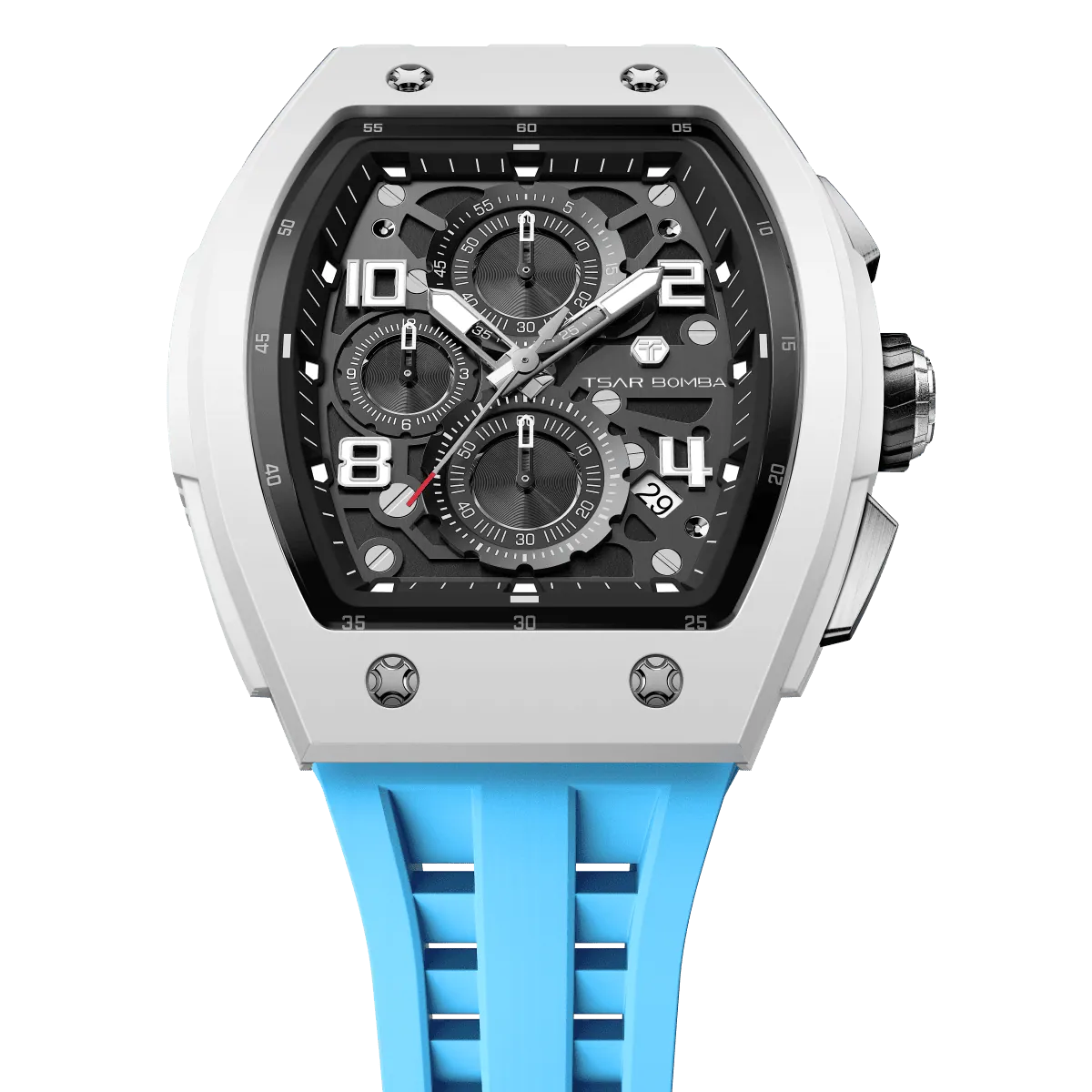 The TSAR BOMBA Elemental TB8224B ceramic tonneau quartz watch. Bio-cecramic white bezel and sky blue strap.  The Multifunction dial design, the multifunction dial features a chronograph minute sub-dial at the 12 o'clock position, a date display between the 4 and 5 o'clock positions, a seconds sub-dial at the 6 o'clock position, and an hour chronograph sub-dial at the 9 o'clock position. --Top-down-view