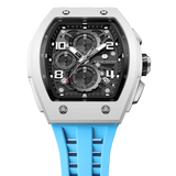The TSAR BOMBA Elemental TB8224B ceramic tonneau quartz watch. Bio-cecramic white bezel and sky blue strap.  The Multifunction dial design, the multifunction dial features a chronograph minute sub-dial at the 12 o'clock position, a date display between the 4 and 5 o'clock positions, a seconds sub-dial at the 6 o'clock position, and an hour chronograph sub-dial at the 9 o'clock position. --Top-down-view