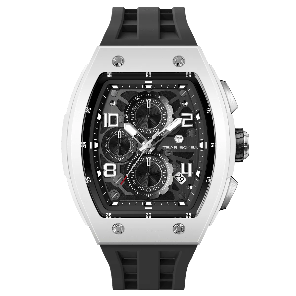 The TSAR BOMBA Elemental TB8224B ceramic tonneau quartz watch. Bio-cecramic white bezel and black strap.  The Multifunction dial design, the multifunction dial features a chronograph minute sub-dial at the 12 o'clock position, a date display between the 4 and 5 o'clock positions, a seconds sub-dial at the 6 o'clock position, and an hour chronograph sub-dial at the 9 o'clock position. --Front-view