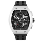 The TSAR BOMBA Elemental TB8224B ceramic tonneau quartz watch. Bio-cecramic white bezel and black strap.  The Multifunction dial design, the multifunction dial features a chronograph minute sub-dial at the 12 o'clock position, a date display between the 4 and 5 o'clock positions, a seconds sub-dial at the 6 o'clock position, and an hour chronograph sub-dial at the 9 o'clock position. --Front-view