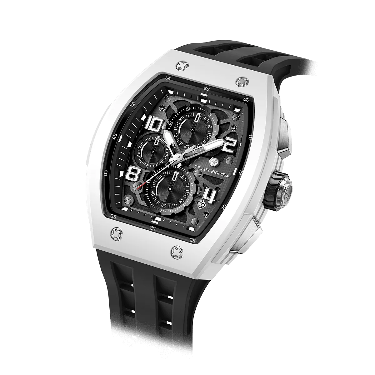 The TSAR BOMBA Elemental TB8224B ceramic tonneau quartz watch. Bio-cecramic white bezel and black strap.  The Multifunction dial design, the multifunction dial features a chronograph minute sub-dial at the 12 o'clock position, a date display between the 4 and 5 o'clock positions, a seconds sub-dial at the 6 o'clock position, and an hour chronograph sub-dial at the 9 o'clock position. --Left three-quarter-angled-view