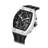 The TSAR BOMBA Elemental TB8224B ceramic tonneau quartz watch. Bio-cecramic white bezel and black strap.  The Multifunction dial design, the multifunction dial features a chronograph minute sub-dial at the 12 o'clock position, a date display between the 4 and 5 o'clock positions, a seconds sub-dial at the 6 o'clock position, and an hour chronograph sub-dial at the 9 o'clock position. --Left three-quarter-angled-view