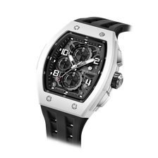 The TSAR BOMBA Elemental TB8224B ceramic tonneau quartz watch. Bio-cecramic white bezel and black strap.  The Multifunction dial design, the multifunction dial features a chronograph minute sub-dial at the 12 o'clock position, a date display between the 4 and 5 o'clock positions, a seconds sub-dial at the 6 o'clock position, and an hour chronograph sub-dial at the 9 o'clock position. --Left three-quarter-angled-view