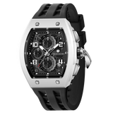The TSAR BOMBA Elemental TB8224B ceramic tonneau quartz watch. Bio-cecramic white bezel and black strap.  The Multifunction dial design, the multifunction dial features a chronograph minute sub-dial at the 12 o'clock position, a date display between the 4 and 5 o'clock positions, a seconds sub-dial at the 6 o'clock position, and an hour chronograph sub-dial at the 9 o'clock position. --Left three-quarter-view