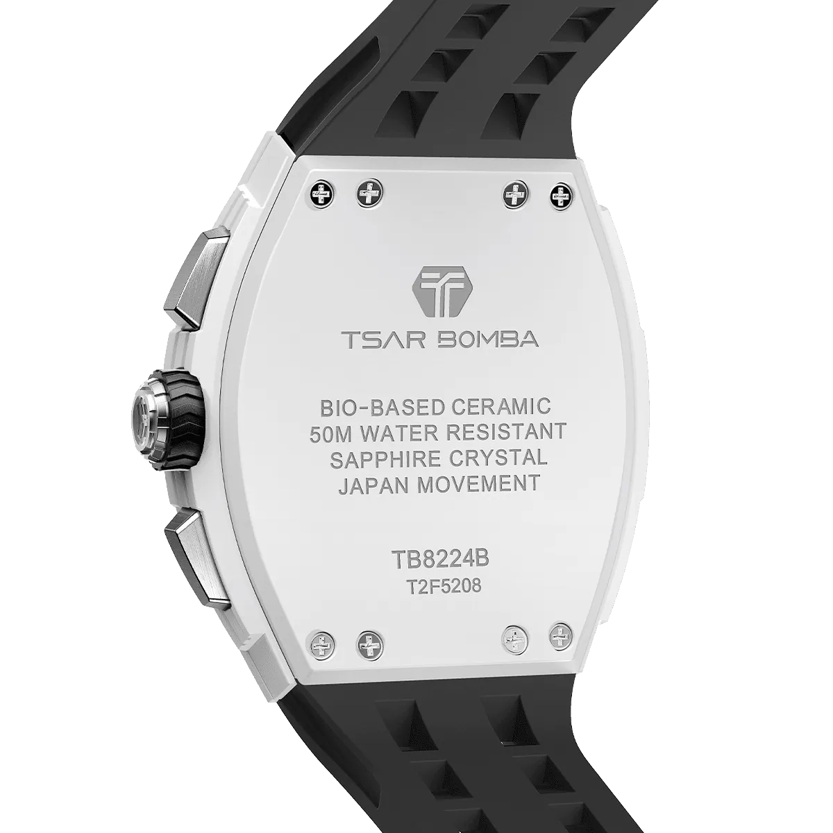 The TSAR BOMBA Elemental TB8224B ceramic tonneau quartz watch. Bio-cecramic white bezel and black strap.  The Multifunction dial design, the multifunction dial features a chronograph minute sub-dial at the 12 o'clock position, a date display between the 4 and 5 o'clock positions, a seconds sub-dial at the 6 o'clock position, and an hour chronograph sub-dial at the 9 o'clock position. --Rear-view