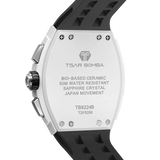 The TSAR BOMBA Elemental TB8224B ceramic tonneau quartz watch. Bio-cecramic white bezel and black strap.  The Multifunction dial design, the multifunction dial features a chronograph minute sub-dial at the 12 o'clock position, a date display between the 4 and 5 o'clock positions, a seconds sub-dial at the 6 o'clock position, and an hour chronograph sub-dial at the 9 o'clock position. --Rear-view
