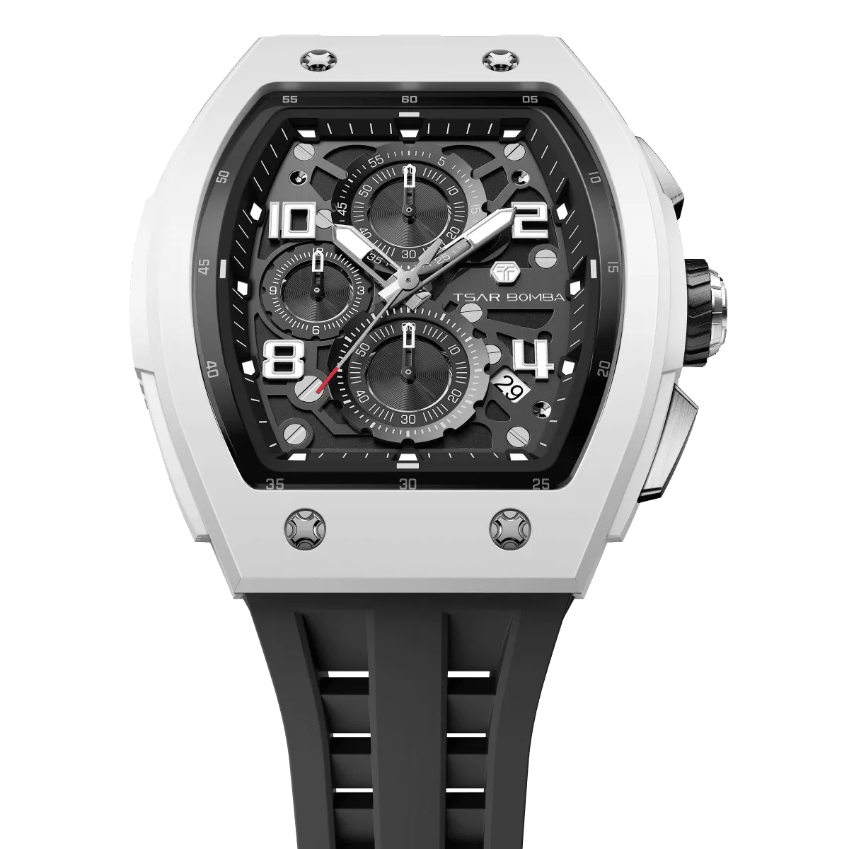 The TSAR BOMBA Elemental TB8224B ceramic tonneau quartz watch. Bio-cecramic white bezel and black strap.  The Multifunction dial design, the multifunction dial features a chronograph minute sub-dial at the 12 o'clock position, a date display between the 4 and 5 o'clock positions, a seconds sub-dial at the 6 o'clock position, and an hour chronograph sub-dial at the 9 o'clock position. --Top-down-view
