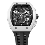 The TSAR BOMBA Elemental TB8224B ceramic tonneau quartz watch. Bio-cecramic white bezel and black strap.  The Multifunction dial design, the multifunction dial features a chronograph minute sub-dial at the 12 o'clock position, a date display between the 4 and 5 o'clock positions, a seconds sub-dial at the 6 o'clock position, and an hour chronograph sub-dial at the 9 o'clock position. --Top-down-view