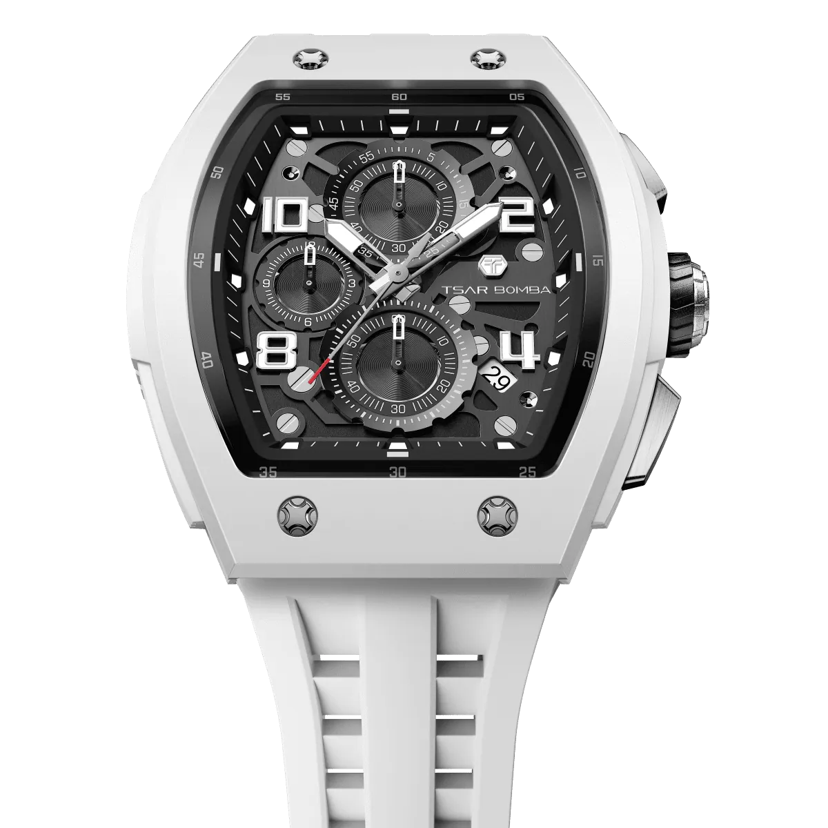 The TSAR BOMBA Elemental TB8224B ceramic tonneau quartz watch. Bio-cecramic white bezel and white strap.  The Multifunction dial design, the multifunction dial features a chronograph minute sub-dial at the 12 o'clock position, a date display between the 4 and 5 o'clock positions, a seconds sub-dial at the 6 o'clock position, and an hour chronograph sub-dial at the 9 o'clock position. --Top-down-view
