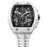The TSAR BOMBA Elemental TB8224B ceramic tonneau quartz watch. Bio-cecramic white bezel and white strap.  The Multifunction dial design, the multifunction dial features a chronograph minute sub-dial at the 12 o'clock position, a date display between the 4 and 5 o'clock positions, a seconds sub-dial at the 6 o'clock position, and an hour chronograph sub-dial at the 9 o'clock position. --Top-down-view
