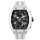 The TSAR BOMBA Elemental TB8224B ceramic tonneau quartz watch. Bio-cecramic white bezel and white strap.  The Multifunction dial design, the multifunction dial features a chronograph minute sub-dial at the 12 o'clock position, a date display between the 4 and 5 o'clock positions, a seconds sub-dial at the 6 o'clock position, and an hour chronograph sub-dial at the 9 o'clock position. --Front-view
