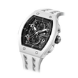 The TSAR BOMBA Elemental TB8224B ceramic tonneau quartz watch. Bio-cecramic white bezel and white strap.  The Multifunction dial design, the multifunction dial features a chronograph minute sub-dial at the 12 o'clock position, a date display between the 4 and 5 o'clock positions, a seconds sub-dial at the 6 o'clock position, and an hour chronograph sub-dial at the 9 o'clock position. --Left three-quarter-view