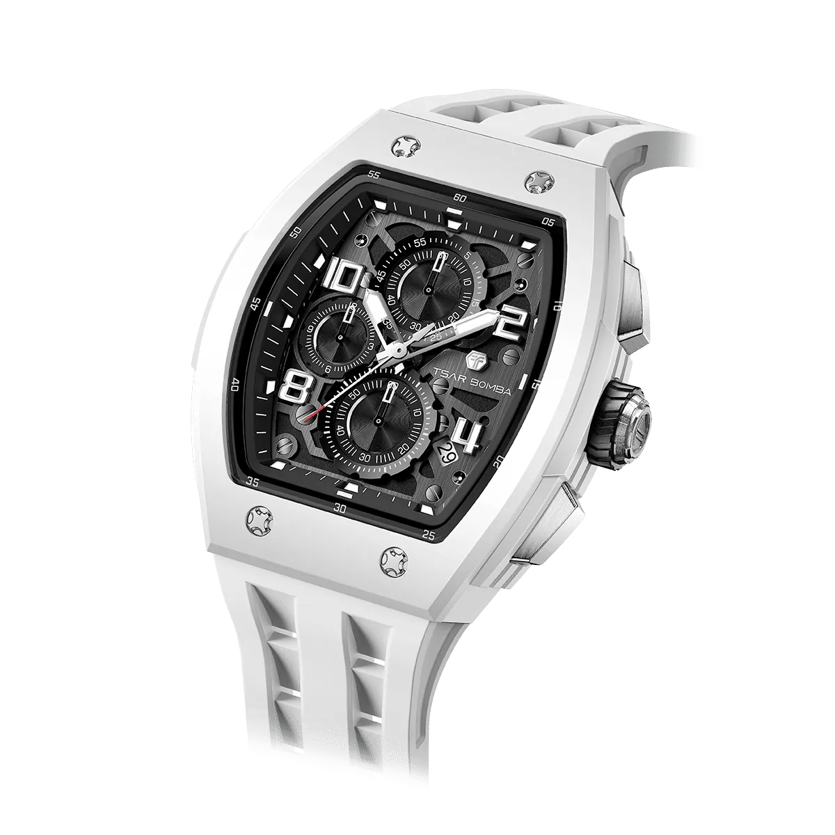 The TSAR BOMBA Elemental TB8224B ceramic tonneau quartz watch. Bio-cecramic white bezel and white strap.  The Multifunction dial design, the multifunction dial features a chronograph minute sub-dial at the 12 o'clock position, a date display between the 4 and 5 o'clock positions, a seconds sub-dial at the 6 o'clock position, and an hour chronograph sub-dial at the 9 o'clock position. --Left three-quarter-view