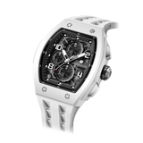The TSAR BOMBA Elemental TB8224B ceramic tonneau quartz watch. Bio-cecramic white bezel and white strap.  The Multifunction dial design, the multifunction dial features a chronograph minute sub-dial at the 12 o'clock position, a date display between the 4 and 5 o'clock positions, a seconds sub-dial at the 6 o'clock position, and an hour chronograph sub-dial at the 9 o'clock position. --Left three-quarter-view