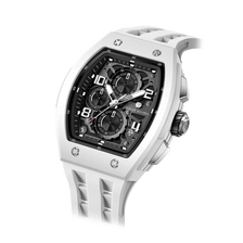 The TSAR BOMBA Elemental TB8224B ceramic tonneau quartz watch. Bio-cecramic white bezel and white strap.  The Multifunction dial design, the multifunction dial features a chronograph minute sub-dial at the 12 o'clock position, a date display between the 4 and 5 o'clock positions, a seconds sub-dial at the 6 o'clock position, and an hour chronograph sub-dial at the 9 o'clock position. --Left three-quarter-view