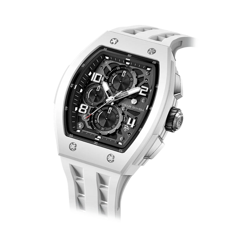 The TSAR BOMBA Elemental TB8224B ceramic tonneau quartz watch. Bio-cecramic white bezel and white strap.  The Multifunction dial design, the multifunction dial features a chronograph minute sub-dial at the 12 o'clock position, a date display between the 4 and 5 o'clock positions, a seconds sub-dial at the 6 o'clock position, and an hour chronograph sub-dial at the 9 o'clock position. --Left three-quarter-view