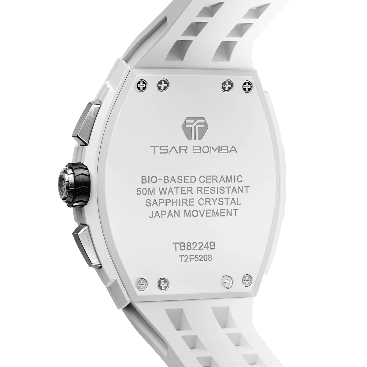 The TSAR BOMBA Elemental TB8224B ceramic tonneau quartz watch. Bio-cecramic white bezel and white strap.  The Multifunction dial design, the multifunction dial features a chronograph minute sub-dial at the 12 o'clock position, a date display between the 4 and 5 o'clock positions, a seconds sub-dial at the 6 o'clock position, and an hour chronograph sub-dial at the 9 o'clock position. --Rear-view
