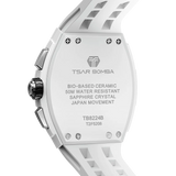 The TSAR BOMBA Elemental TB8224B ceramic tonneau quartz watch. Bio-cecramic white bezel and white strap.  The Multifunction dial design, the multifunction dial features a chronograph minute sub-dial at the 12 o'clock position, a date display between the 4 and 5 o'clock positions, a seconds sub-dial at the 6 o'clock position, and an hour chronograph sub-dial at the 9 o'clock position. --Rear-view
