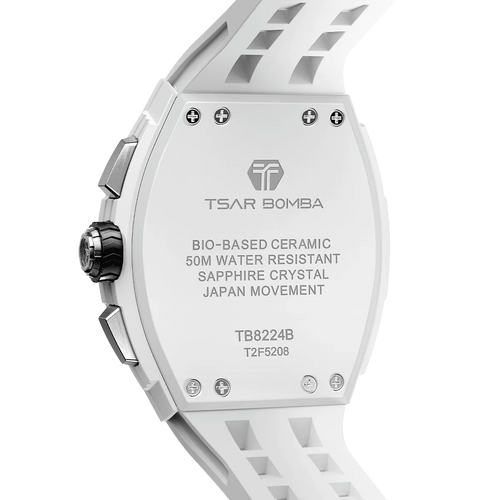 The TSAR BOMBA Elemental TB8224B ceramic tonneau quartz watch. Bio-cecramic white bezel and white strap.  The Multifunction dial design, the multifunction dial features a chronograph minute sub-dial at the 12 o'clock position, a date display between the 4 and 5 o'clock positions, a seconds sub-dial at the 6 o'clock position, and an hour chronograph sub-dial at the 9 o'clock position. --Rear-view
