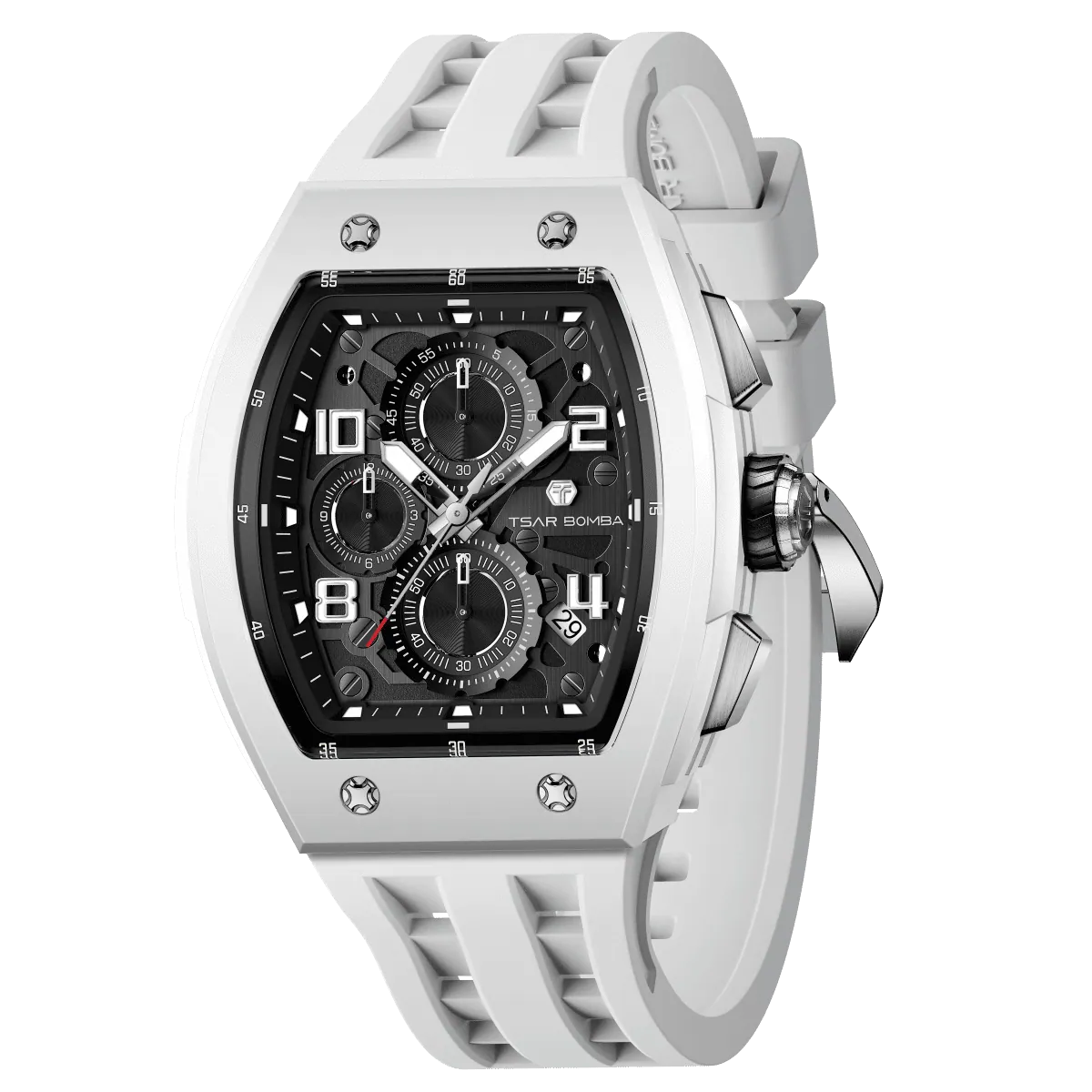 The TSAR BOMBA Elemental TB8224B ceramic tonneau quartz watch. Bio-cecramic white bezel and white strap.  The Multifunction dial design, the multifunction dial features a chronograph minute sub-dial at the 12 o'clock position, a date display between the 4 and 5 o'clock positions, a seconds sub-dial at the 6 o'clock position, and an hour chronograph sub-dial at the 9 o'clock position. --Left three-quarter-view