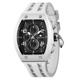The TSAR BOMBA Elemental TB8224B ceramic tonneau quartz watch. Bio-cecramic white bezel and white strap.  The Multifunction dial design, the multifunction dial features a chronograph minute sub-dial at the 12 o'clock position, a date display between the 4 and 5 o'clock positions, a seconds sub-dial at the 6 o'clock position, and an hour chronograph sub-dial at the 9 o'clock position. --Left three-quarter-view
