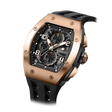 The TSAR BOMBA Elemental TB8224Q stainless steel tonneau quartz watch.Golden bezel and black strap.  The Multifunction dial design, the multifunction dial features a chronograph minute sub-dial at the 12 o'clock position, a date display between the 4 and 5 o'clock positions, a seconds sub-dial at the 6 o'clock position, and an hour chronograph sub-dial at the 9 o'clock position. --Left three-quarter angled view