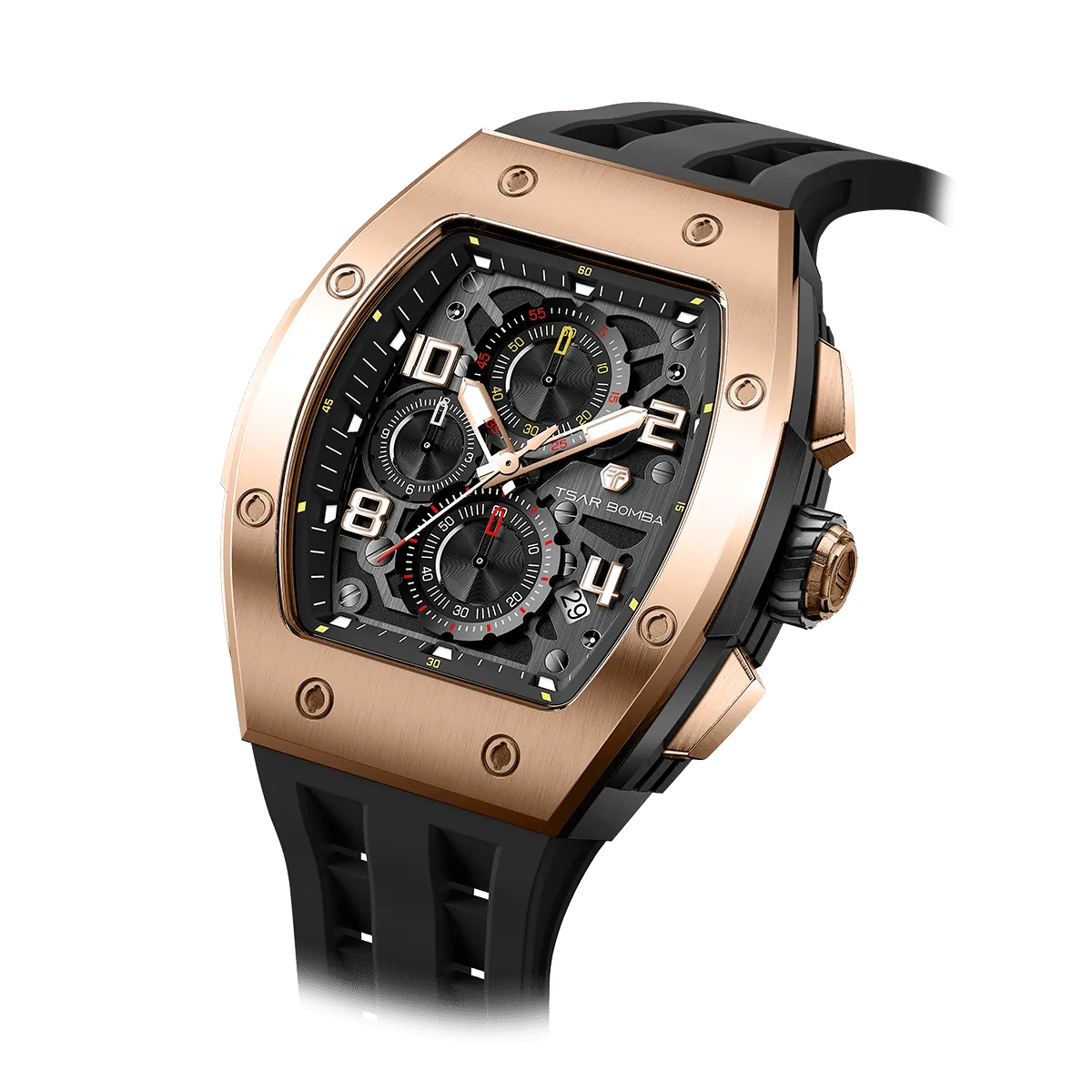 The TSAR BOMBA Elemental TB8224Q stainless steel tonneau quartz watch.Golden bezel and black strap.  The Multifunction dial design, the multifunction dial features a chronograph minute sub-dial at the 12 o'clock position, a date display between the 4 and 5 o'clock positions, a seconds sub-dial at the 6 o'clock position, and an hour chronograph sub-dial at the 9 o'clock position. --Left three-quarter angled view