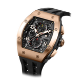 The TSAR BOMBA Elemental TB8224Q stainless steel tonneau quartz watch.Golden bezel and black strap.  The Multifunction dial design, the multifunction dial features a chronograph minute sub-dial at the 12 o'clock position, a date display between the 4 and 5 o'clock positions, a seconds sub-dial at the 6 o'clock position, and an hour chronograph sub-dial at the 9 o'clock position. --Left three-quarter angled view