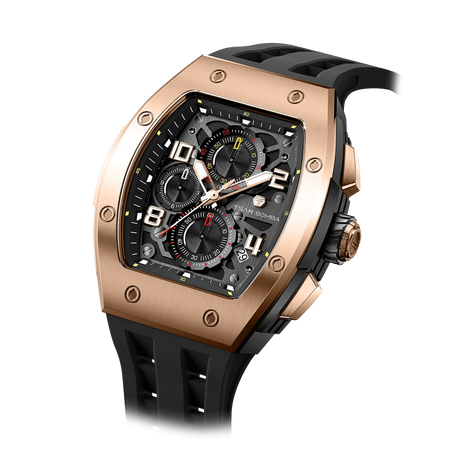 The TSAR BOMBA Elemental TB8224Q stainless steel tonneau quartz watch.Golden bezel and black strap.  The Multifunction dial design, the multifunction dial features a chronograph minute sub-dial at the 12 o'clock position, a date display between the 4 and 5 o'clock positions, a seconds sub-dial at the 6 o'clock position, and an hour chronograph sub-dial at the 9 o'clock position. --Left three-quarter angled view