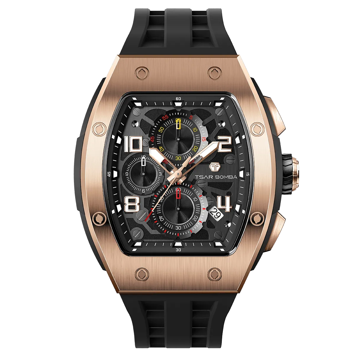 The TSAR BOMBA Elemental TB8224Q stainless steel tonneau quartz watch.Golden bezel and black strap.  The Multifunction dial design, the multifunction dial features a chronograph minute sub-dial at the 12 o'clock position, a date display between the 4 and 5 o'clock positions, a seconds sub-dial at the 6 o'clock position, and an hour chronograph sub-dial at the 9 o'clock position. --Front view