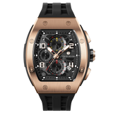 The TSAR BOMBA Elemental TB8224Q stainless steel tonneau quartz watch.Golden bezel and black strap.  The Multifunction dial design, the multifunction dial features a chronograph minute sub-dial at the 12 o'clock position, a date display between the 4 and 5 o'clock positions, a seconds sub-dial at the 6 o'clock position, and an hour chronograph sub-dial at the 9 o'clock position. --Front view