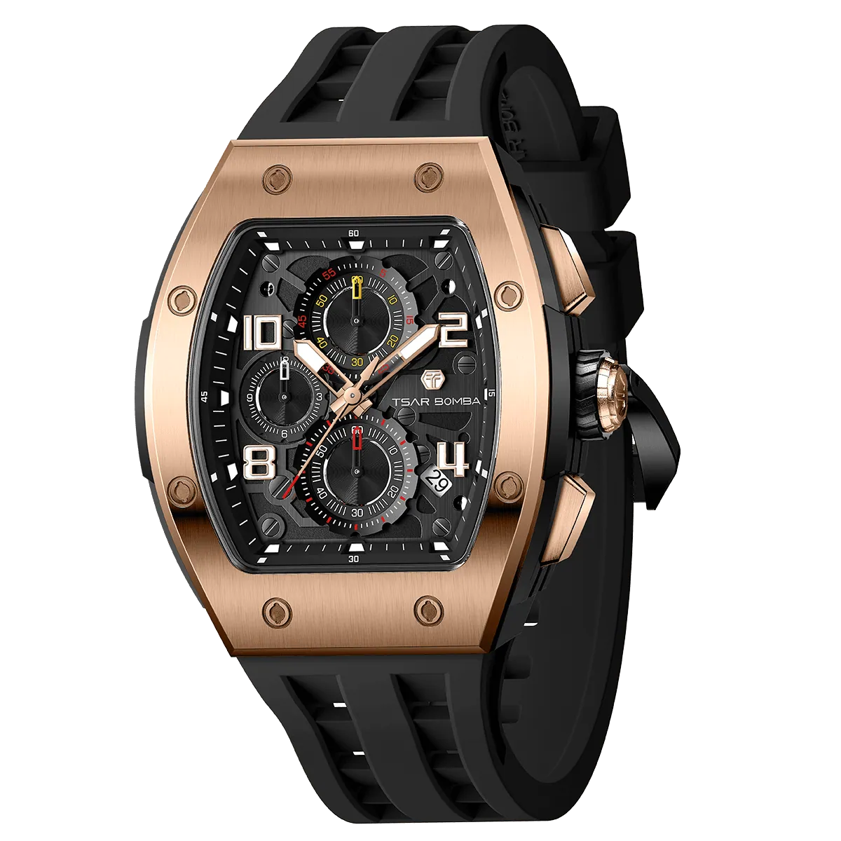 The TSAR BOMBA Elemental TB8224Q stainless steel tonneau quartz watch.Golden bezel and black strap.  The Multifunction dial design, the multifunction dial features a chronograph minute sub-dial at the 12 o'clock position, a date display between the 4 and 5 o'clock positions, a seconds sub-dial at the 6 o'clock position, and an hour chronograph sub-dial at the 9 o'clock position. --Left-three-quarter-view